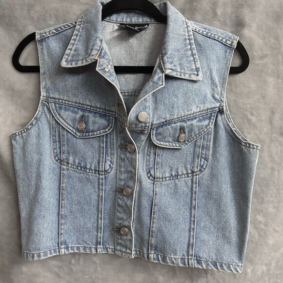 JRs Denim Vest M Sleeveless Pockets 80s 90s Cropped western boho festival spring - Picture 1 of 9